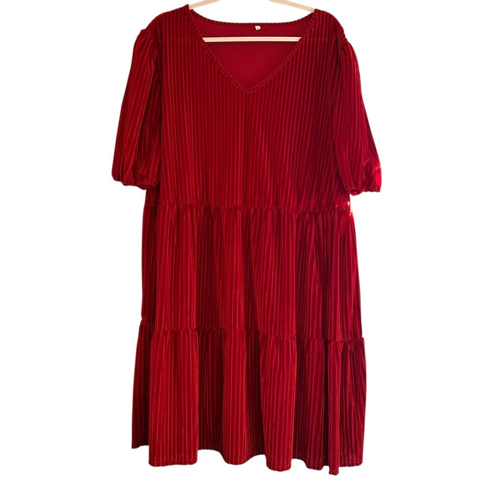 Velvet Burn Out Red Dress Boho Cottage Core Casual SZ 4X V Neck Short Sleeve